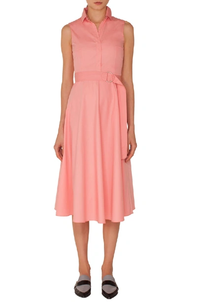 Akris Punto Sleeveless Button-front Belted A-line Cotton Midi Dress In Peony