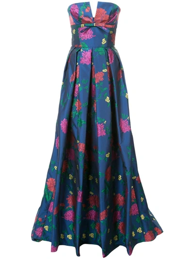 Carolina Herrera Strapless Bustier Floral-print Evening Gown In Blue Multi