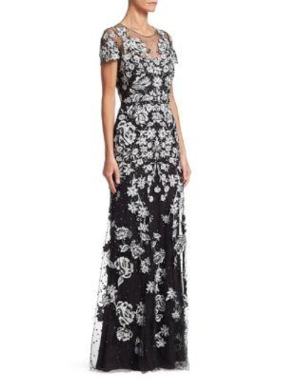 Jenny Packham Beaded Floral Gown In Black White