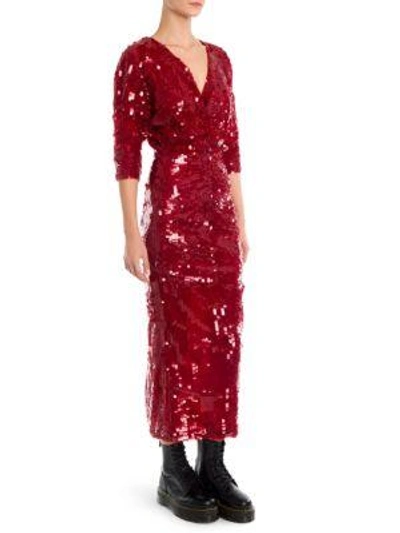 sara battaglia sequin dress Sara Battaglia Sequin Ruche Midi Sheath Dress In Red
