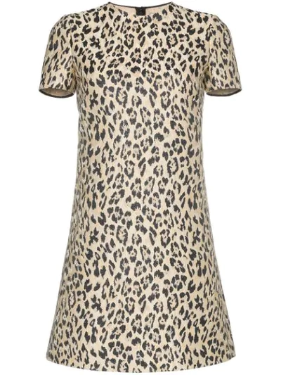 Valentino Jewel-neck Short-sleeve Metallic Leopard-brocade A-line Dress In Gold