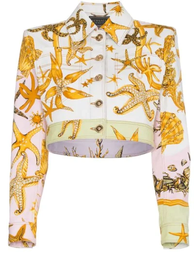 Versace Cropped-jeansjacke Mit Print In Yellow