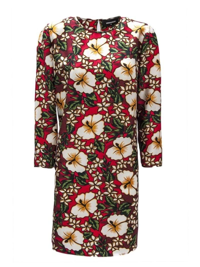 Dsquared2 Red Silk Dress With Floral Print In Multicolor