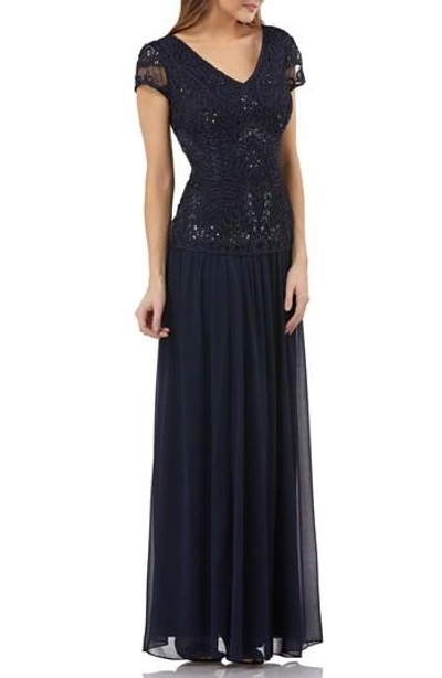 Js Collections Soutache Applique Gown In Navy