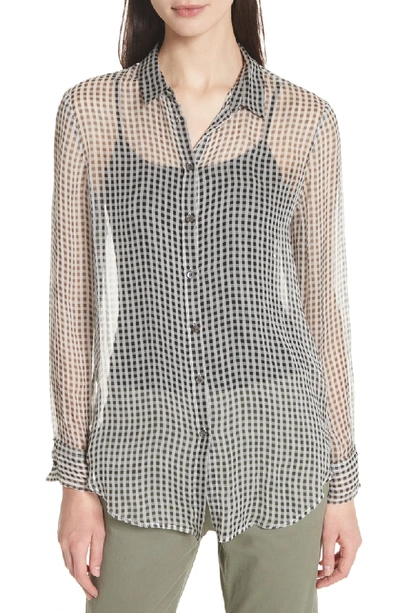 Theory Gingham Essential Silk Button-down Top In Black/ Ivory