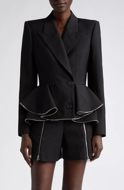 Alexander Mcqueen Zip Peplum Double-breasted Jacket In Black