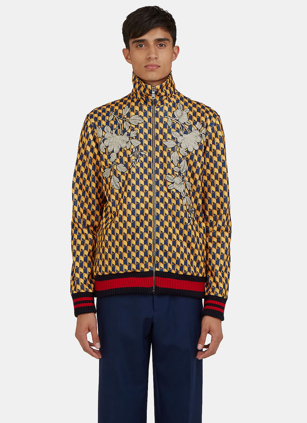 Gucci Men's Embroidered Geometric Print Teddy Bomber Jacket In Yellow ...