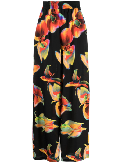 Alexander Mcqueen Floral-print Wide-leg Silk Trousers In Black