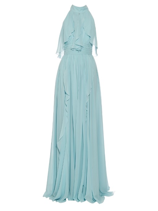 Elie Saab Halterneck Ruffle-trimmed Silk Gown In Pale-blue | ModeSens
