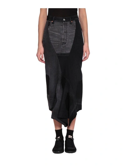 Junya Watanabe Asymmetric Cotton Denim Skirt In Nero