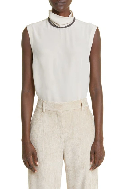 Brunello Cucinelli Bead Detail Silk Sleeveless Blouse In Neutrals
