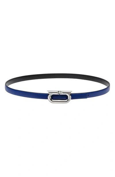 Ferragamo Gancio Ellipse Skinny Leather Belt In Blue/silver