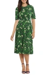 London Times Floral Elbow Sleeve Inset Waist Midi Dress In Green/ Navy
