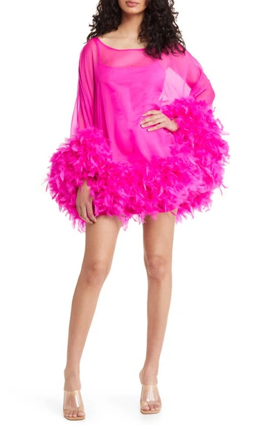 Azalea Wang Feather Trim Long Sleeve Dress In Fuchsia | ModeSens