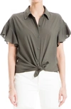 Max Studio Grid Flutter Sleeve Blouse In Army