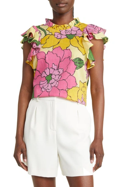 Banjanan Klara Floral Print Ruffle Sleeve Top In Yellow