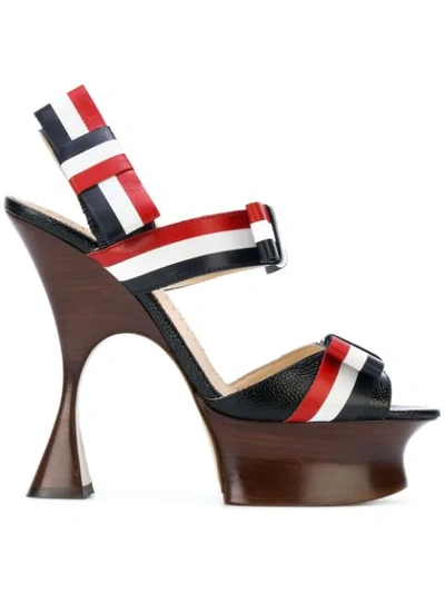 Thom Browne Open Toe Shaped Platform Heel (15 Cm) With Bow Strap In Pebble Lucido Leather & Calf Leather In Black