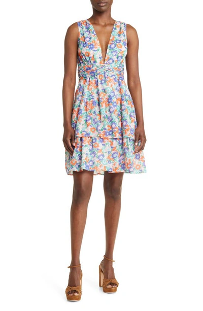 Banjanan Donna Floral Tiered Cotton Dress In Blue