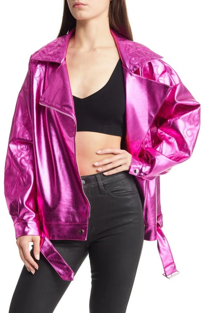 Azalea Wang Metallic Faux Leather Moto Jacket In Fuchsia
