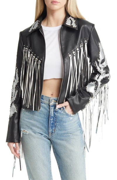 Azalea Wang Western Fringe & Stud Faux Leather Jacket In Black