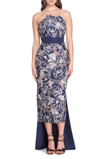 Marchesa Notte Embroidered Satin Cutwork Strapless Tea-length Gown In Navy
