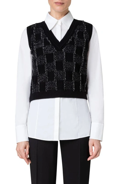 Akris Cashmere Blend Checkered Fringe Knit Waistcoat In Black-griege