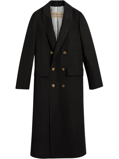 Burberry Linen Silk Tailored Coat In Black