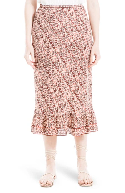 Max Studio Bias Ruffle Hem Midi Skirt In Cream/ Red Multi Links
