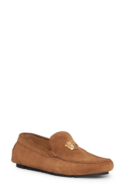 Versace Medusa Driving Shoe In Dark Toffee Gold