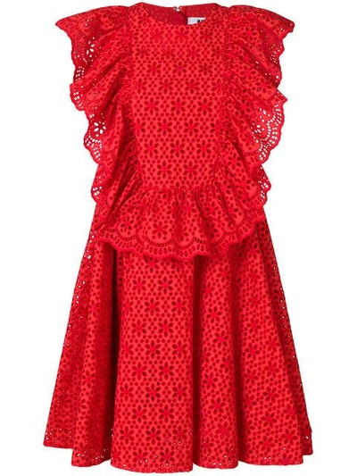 Msgm Eyelet Ruffled Front Sleeveless Dress In Red