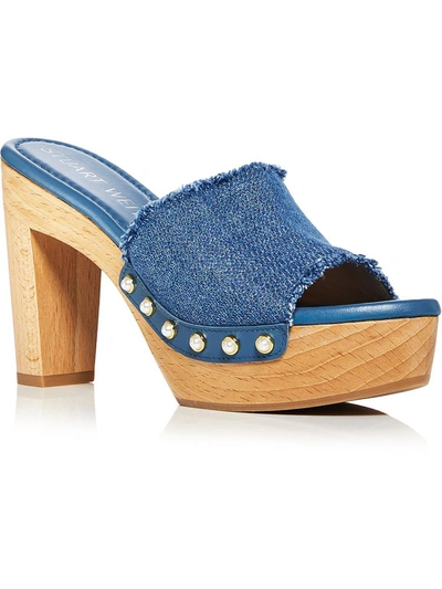 Stuart Weitzman Pearl Clog 85 Womens Denim Peep-toe Platform Sandals In Blue