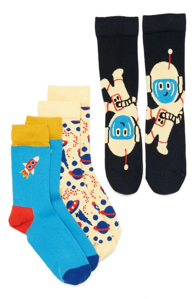 Happy Socks Kids' Assorted 3-pack Astronaut Crew Socks Gift Box In Xkast08-2200