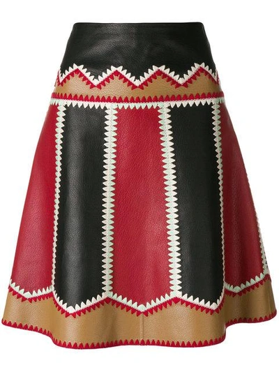 Red Valentino Leather Patchwork Skirt In Nero Beige Cherry