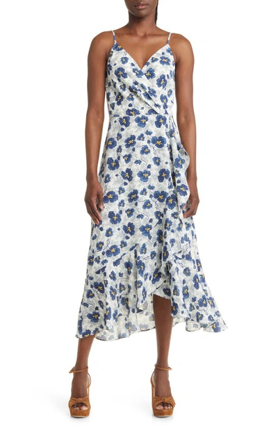 Chelsea28 Faux Wrap Floral Midi Dress In Ivory- Blue Lenora Floral