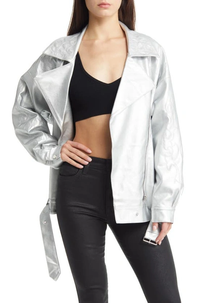 Azalea Wang Metallic Faux Leather Moto Jacket In Silver