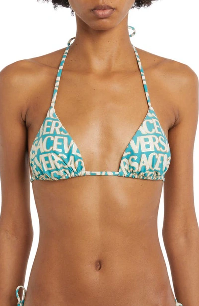 Versace Logo-print Bikini Top In Blue