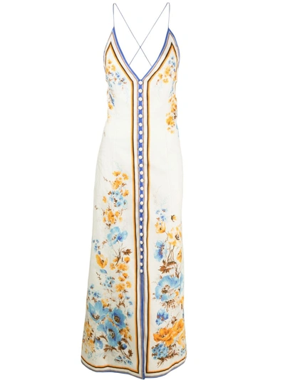 Zimmermann Halycon Printed Linen Slip Dress In Cream