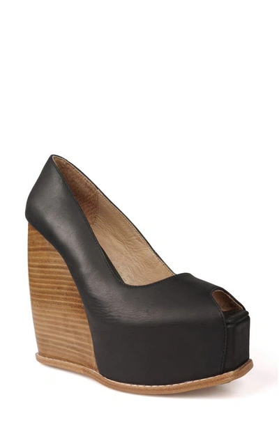 Zigi Milluh Peep Toe Platform Wedge Sandal In Black Leather