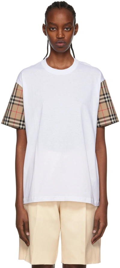 Burberry White Cotton T-shirt With Vintage Check Sleeves