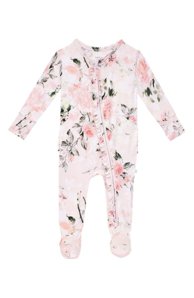 Posh Peanut Babies' Rose Print Ruffle Fitted Footie Pajamas In Light/pastel Pink