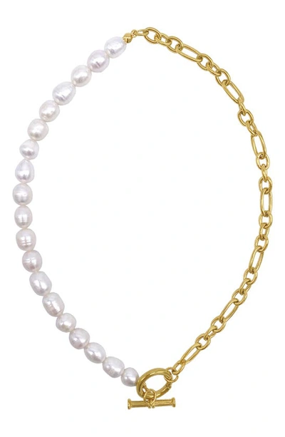 Adornia 14k Yellow Gold Plated Water Resistant Stainless Steel 10-11mm Freshwater Pearl Half And Half Neckla In White