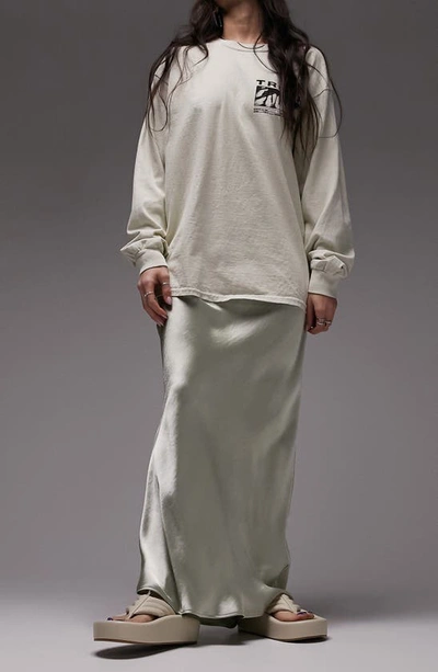 Topshop High Shine Satin Bias Maxi Skirt In Sage-green In Light Green