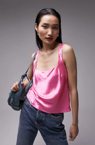 Topshop Square Neck Satin Cami In Pink