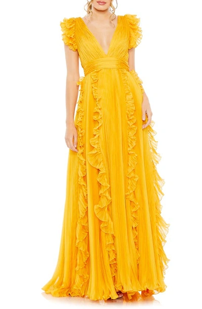 Mac Duggal Pleated Ruffle Cap Sleeve Chiffon Gown In Marigold