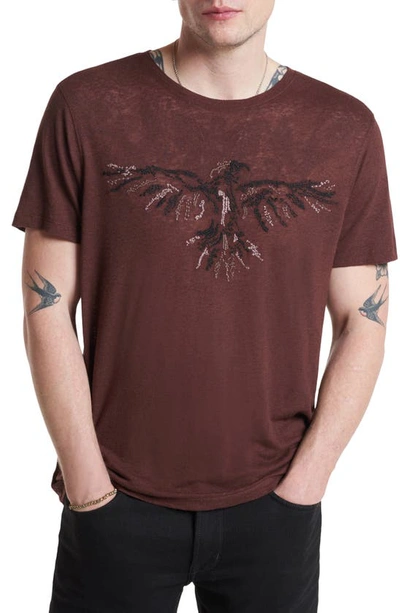 John Varvatos Raven Embroidered Linen Blend Burnout T-shirt In Terra Brown