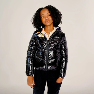 Members Only Kids' Girl's Cire Puffer With Mash Print Lining Jacket In Black