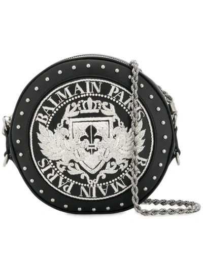 Balmain Leather-trimmed Embroidered Velvet Shoulder Bag In Black