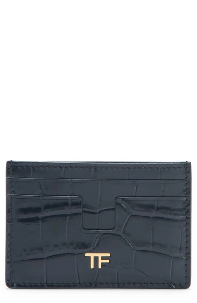 Tom Ford T-line Croc Embossed Leather Card Holder In Black