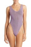 Bound By Bond-eye Alicia Metallic O-ring Smocked One-piece Swimsuit In Lavender Lurex