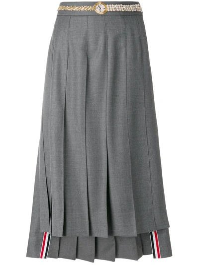 Thom Browne Below Knee Dropped Back Pleated Skirt With Belt Applique In Super 120's Twill In Grey